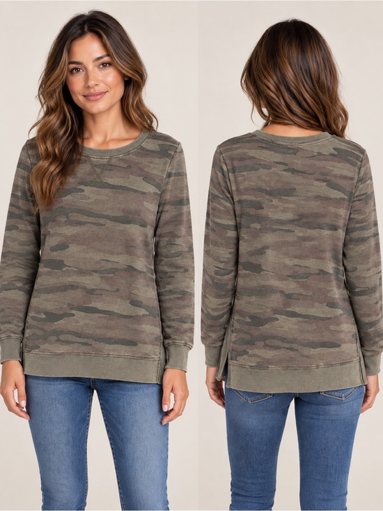 Wallflower Sweaters - WallFlower Camo Print Crewneck Long Sleeve Sweatshirt Olive Green